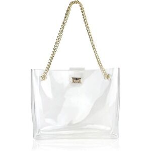 Hoxis Clear PVC Tote Bag Gold Convertible Chain Strap Turn Lock Stadium Purse